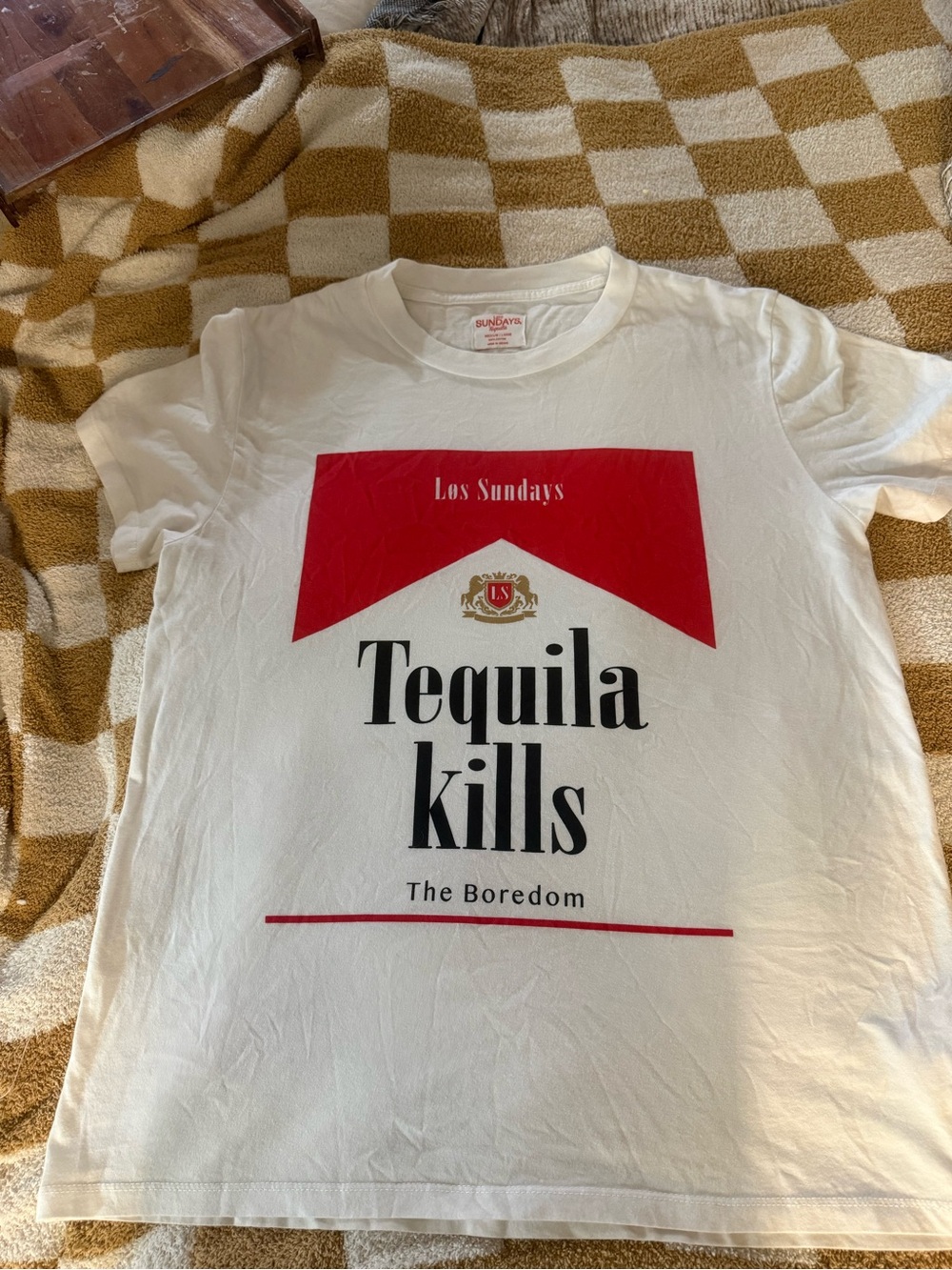 sundays White Tee with Red Graphic "Tequila Kills"